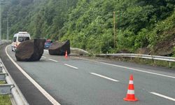 Yamaçtan kopan dev kayalar Karadeniz Sahil Yolu'na düştü