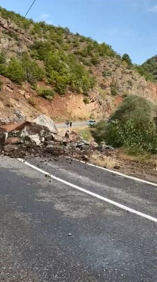 Şavşat'ta yamaçtan kopan dev kayalar köy yolunu kapattı